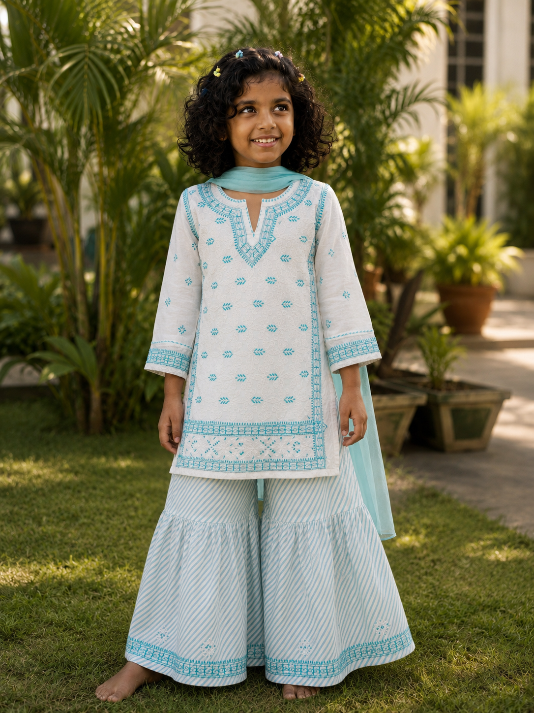 A young girl stands barefoot on a grassy lawn wearing a white traditional outfit with light blue embroidery and matching wide-leg pants and dupatta, with potted plants in the background.