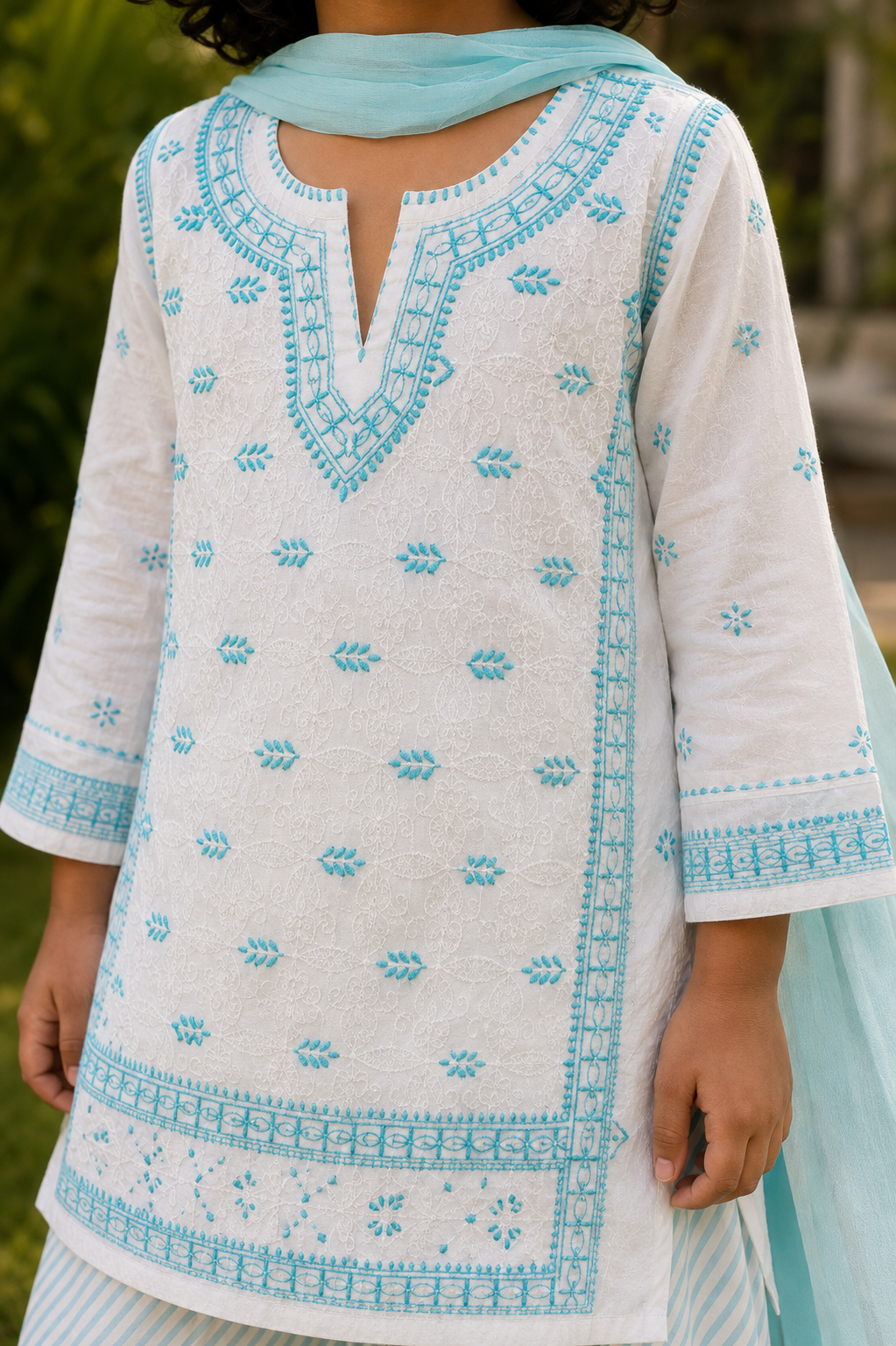 A white cotton kurta with light blue embroidery, worn by a model with a matching light blue dupatta.