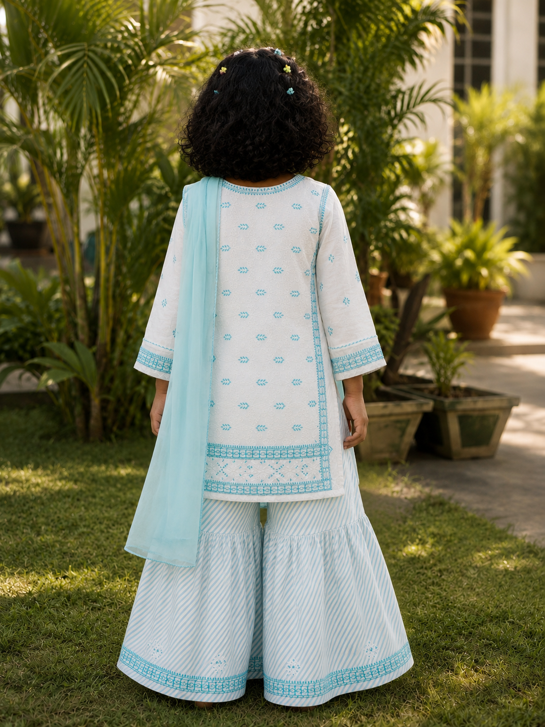 A child viewed from behind wearing a light blue and white traditional outfit with matching wide-leg pants and a sheer dupatta, standing outdoors on grass with potted plants in the background.