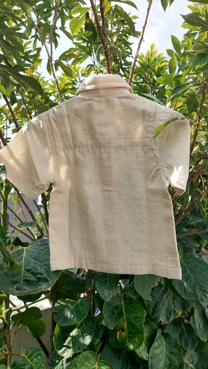 Khadi shirt for boys with handcrafted car cross stitch embroidery 