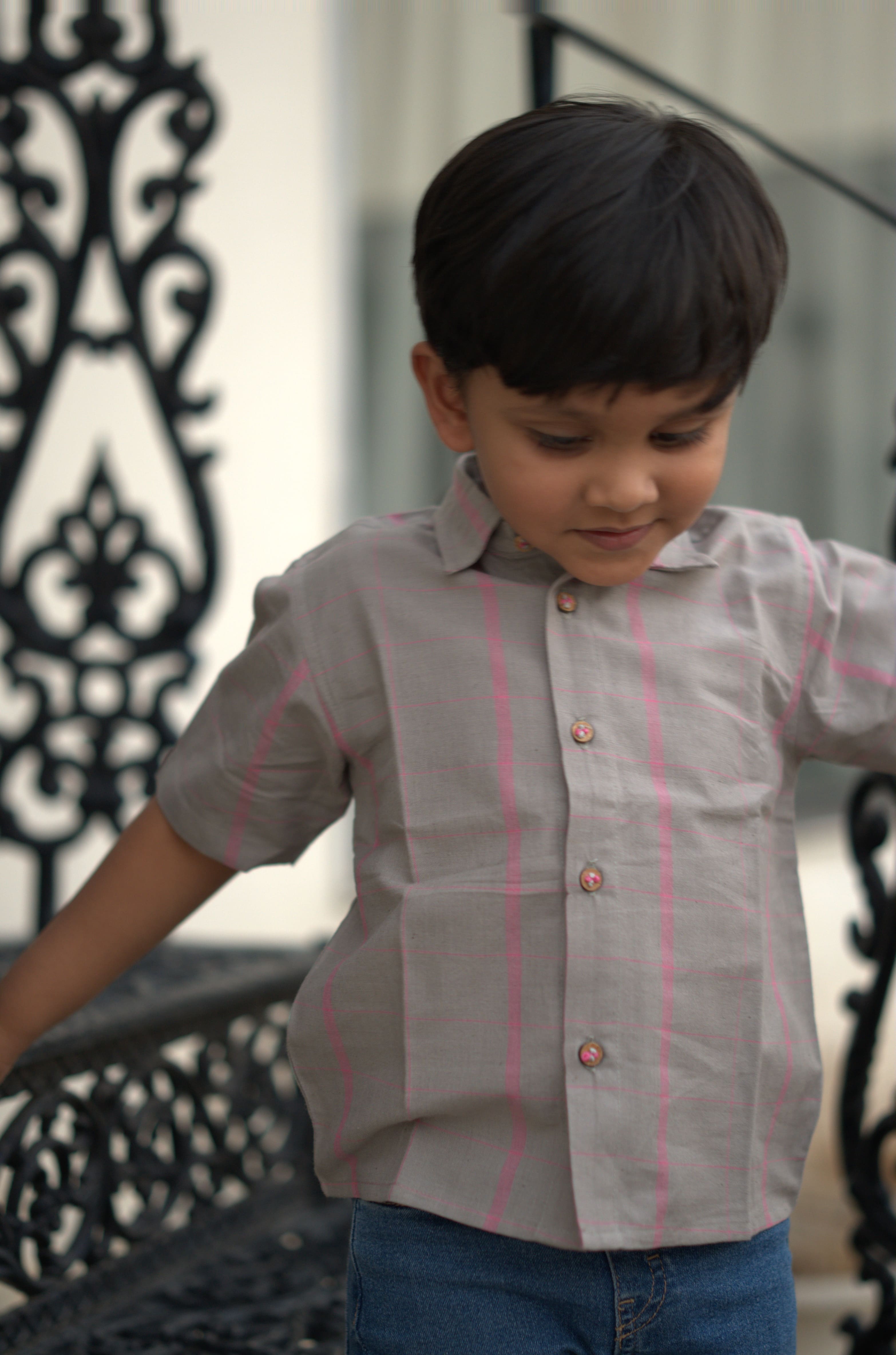 Grey Pink Check Cotton Shirt