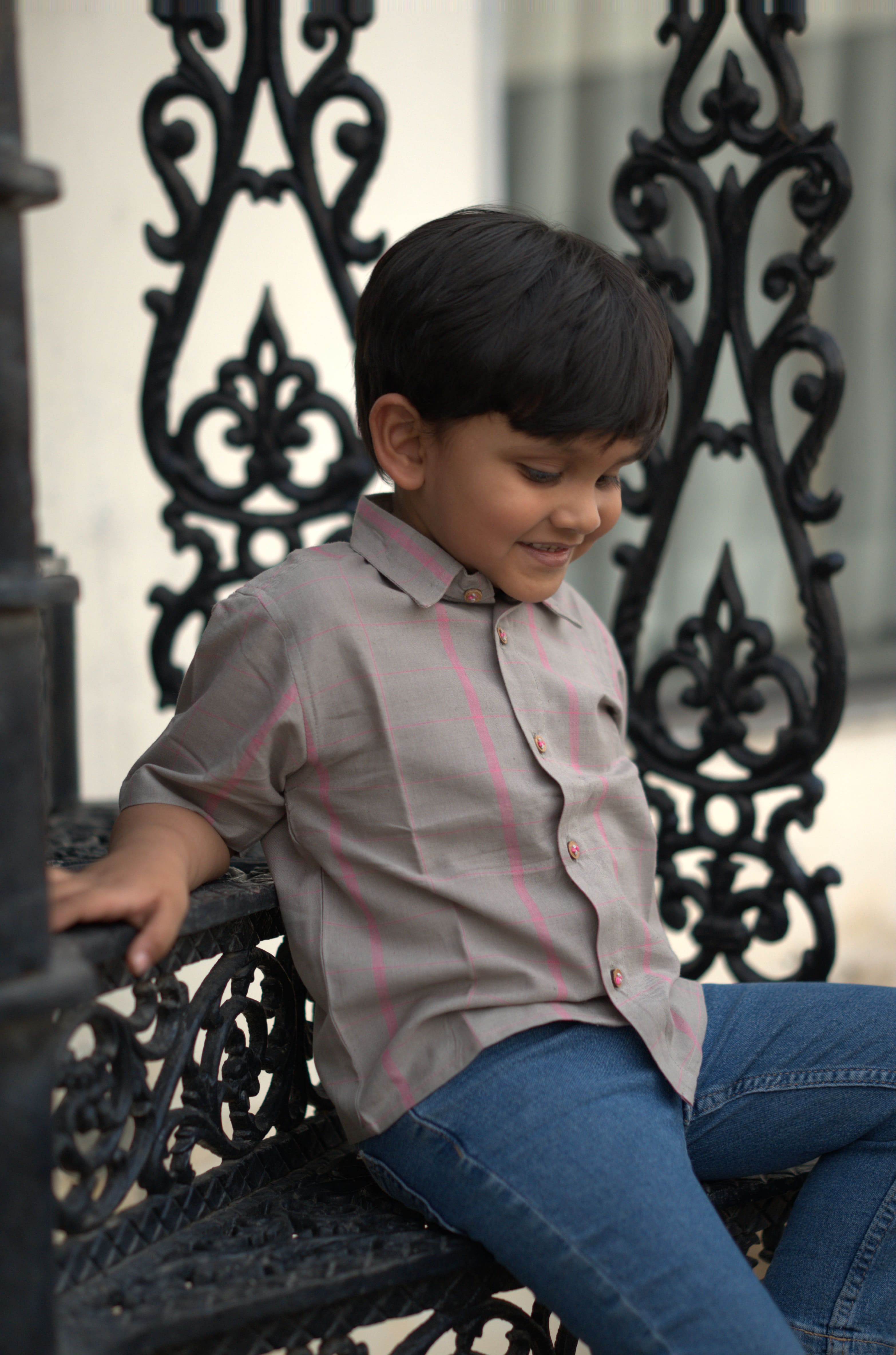 Grey Pink Check Cotton Shirt