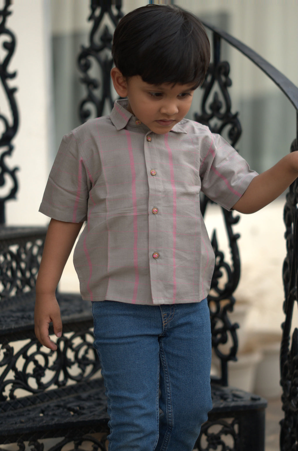 Grey Pink Check Cotton Shirt