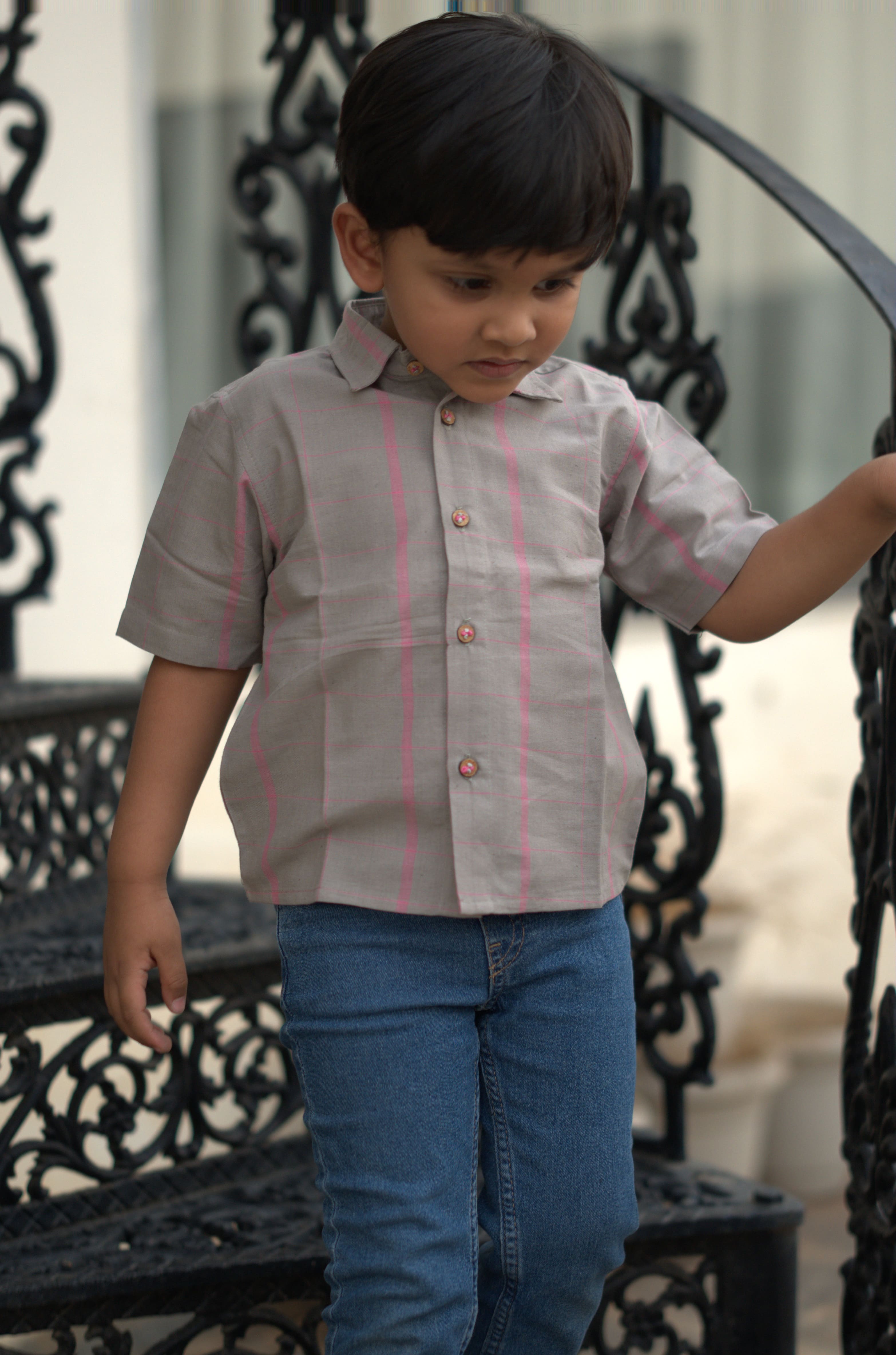 Grey Pink Check Cotton Shirt