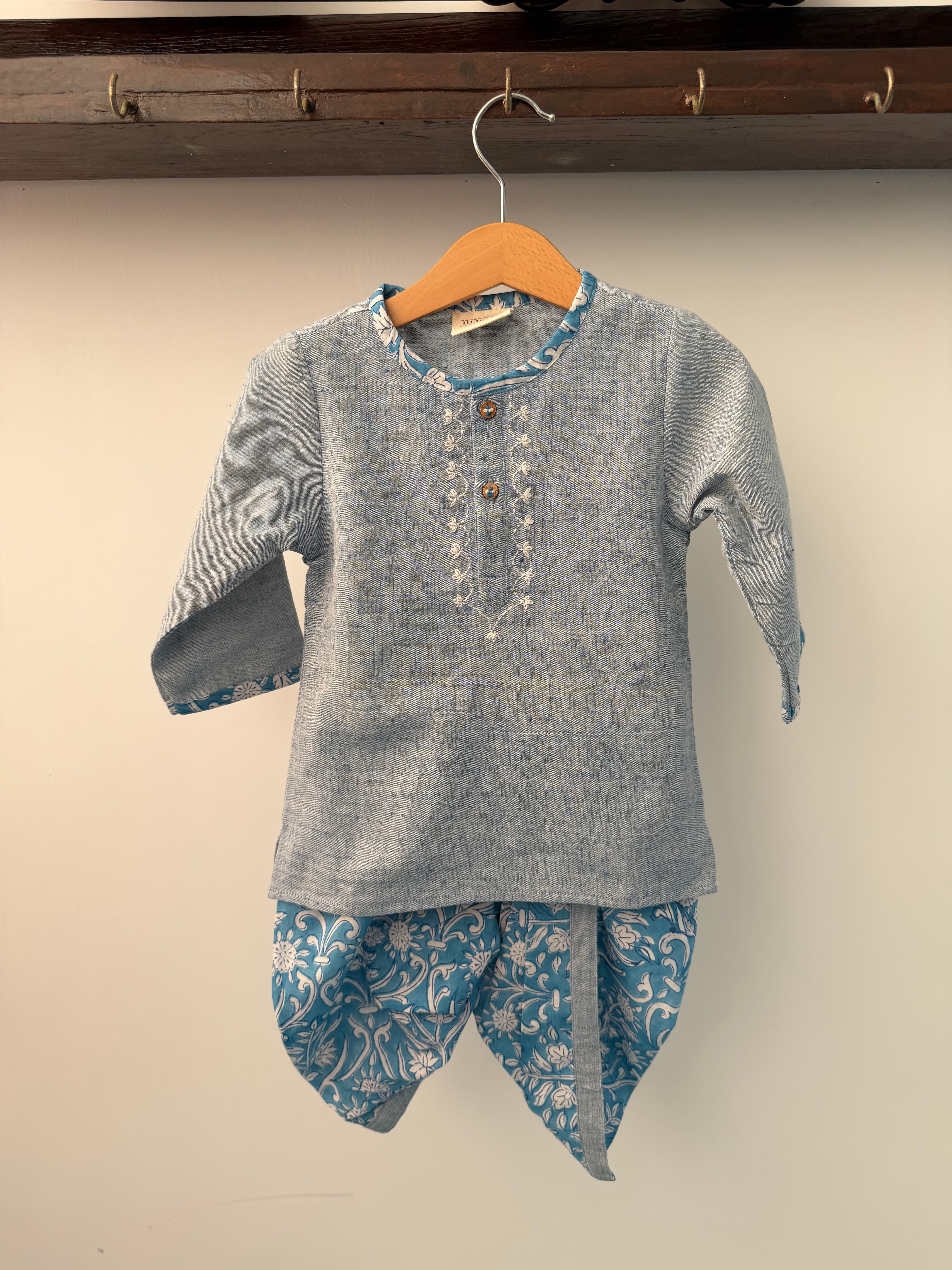 Grey Khadi Kurta & Handblock Floral Dhoti Set