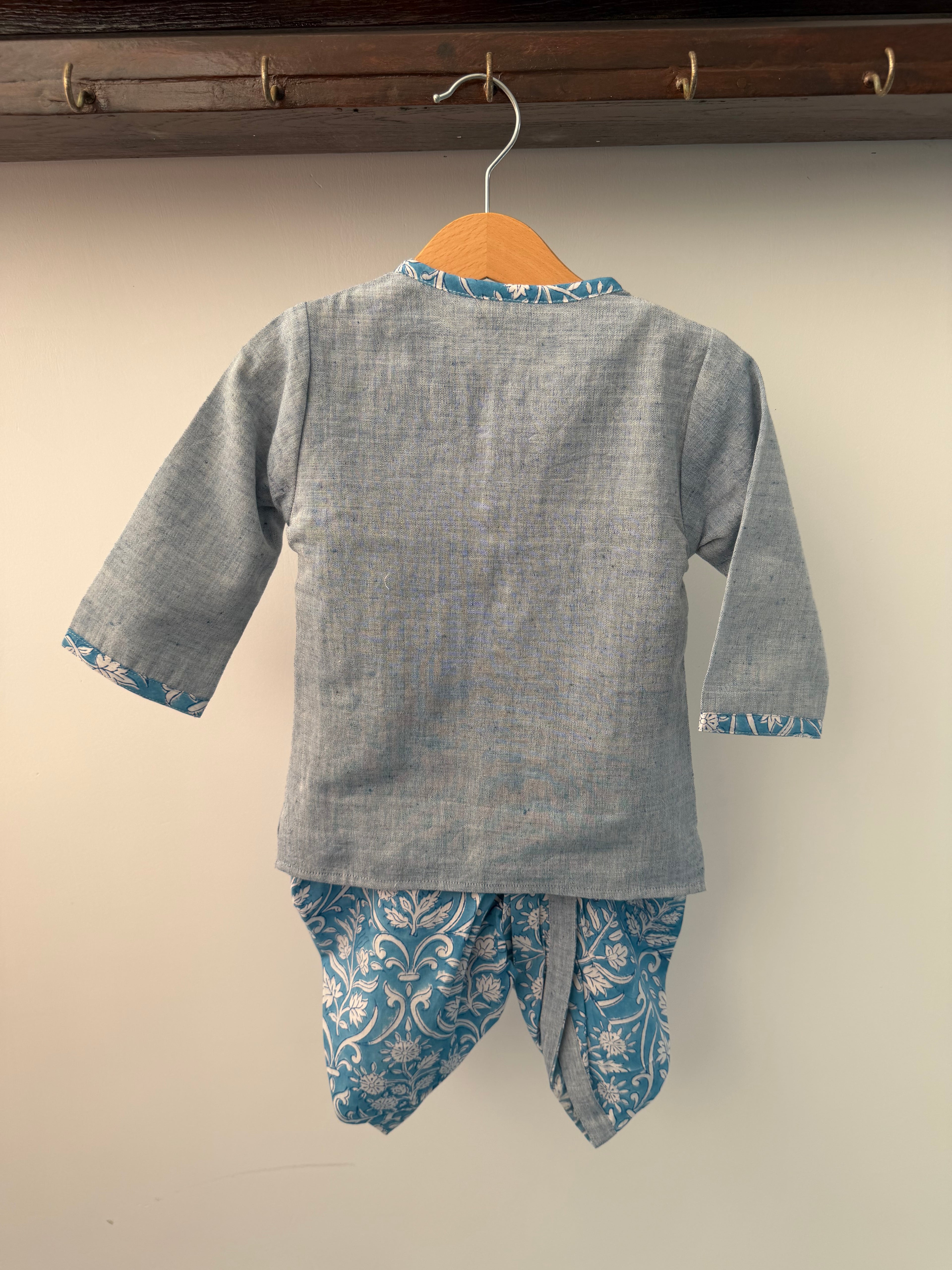 Grey Khadi Kurta & Handblock Floral Dhoti Set