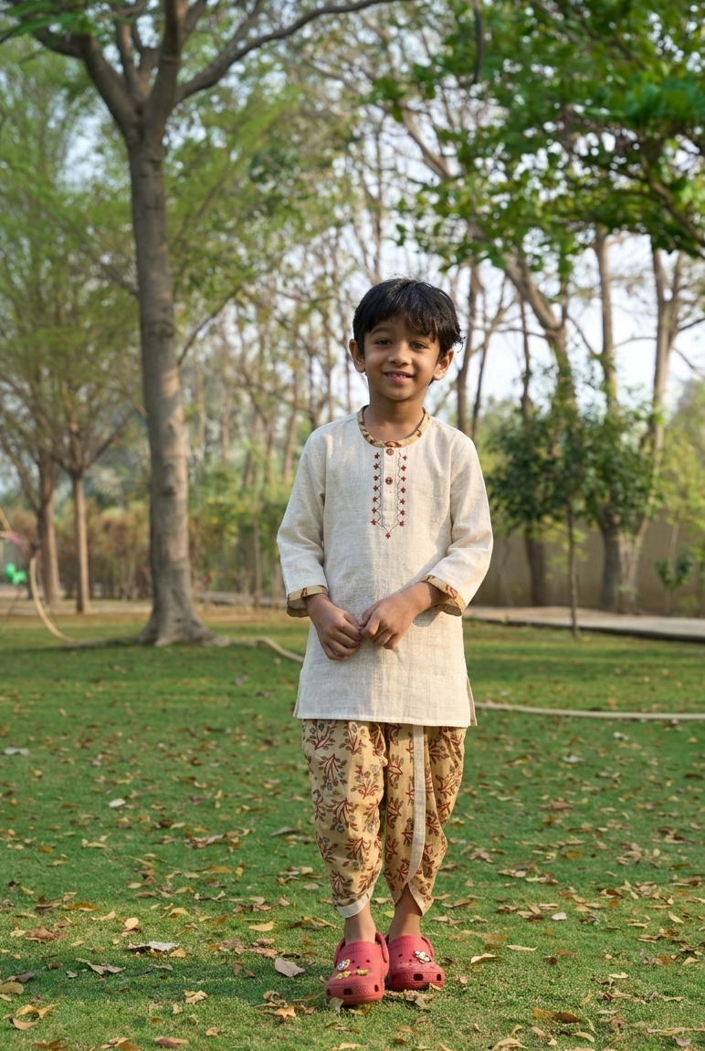 Child wearing a traditional outfit standing in a park with trees and grass.