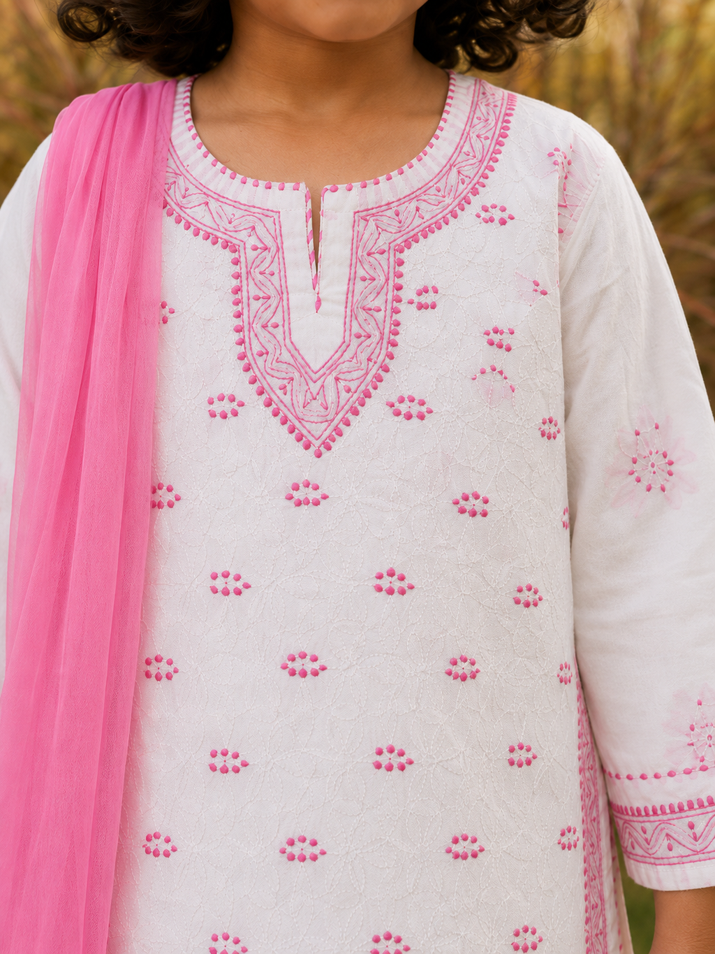 A close-up of a white cotton kurta with pink embroidery and a pink dupatta, shown on a model outdoors.