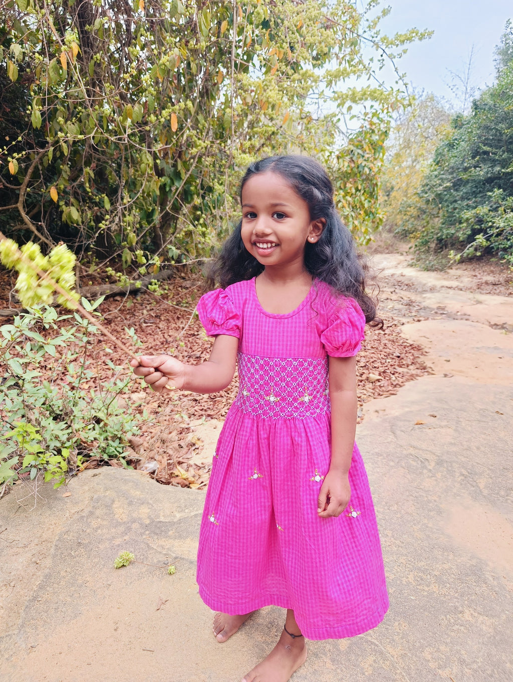 Rosy Gingham Smocked Dress