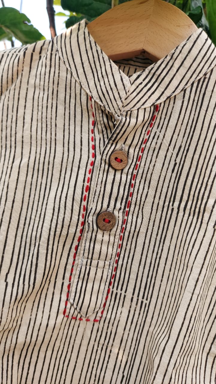 Beige Striped Handblock Kurta