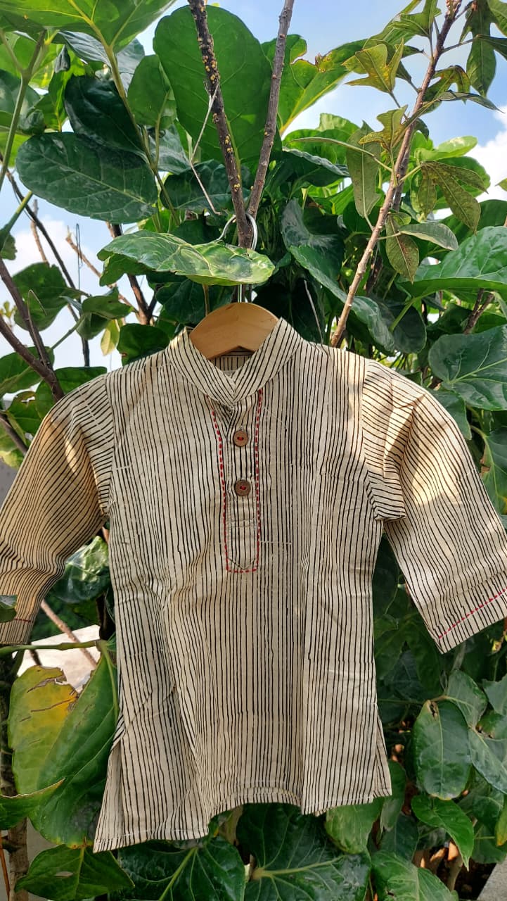 Beige Striped Handblock Kurta