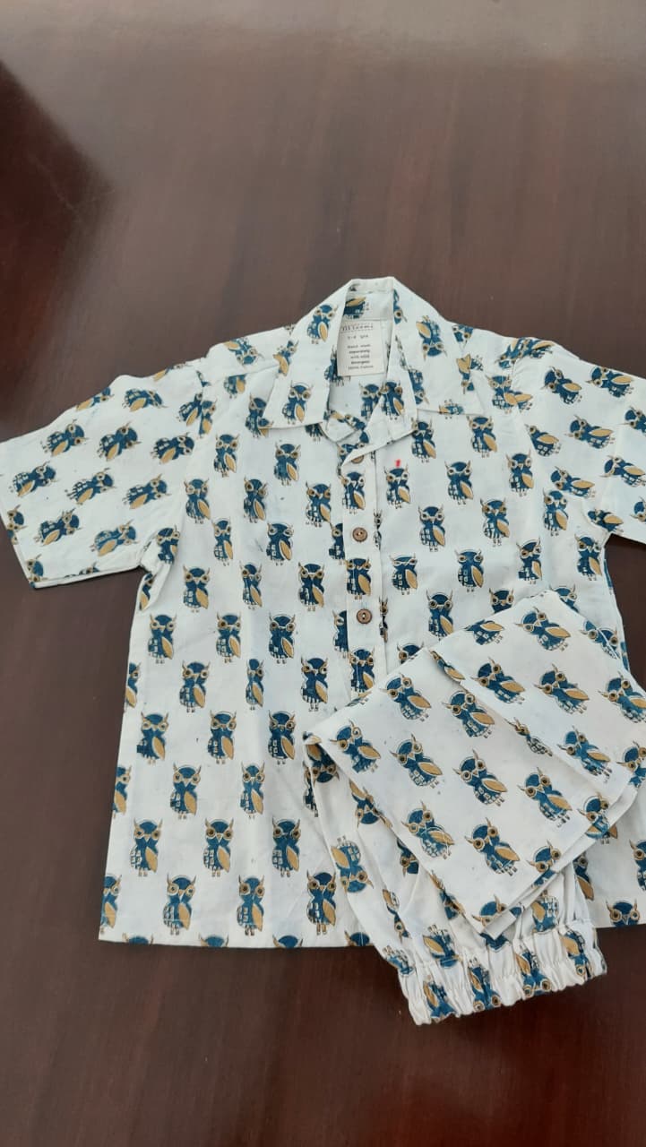 Owl Print Khadi Co-ord Set