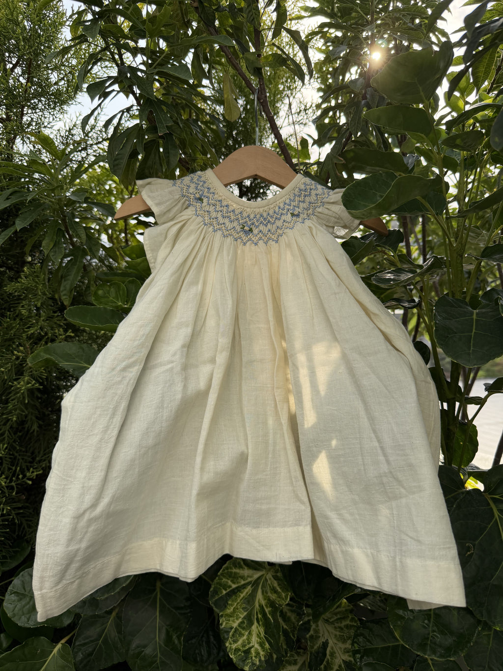 White smocking dress with ruffled sleeves hanging among green leaves