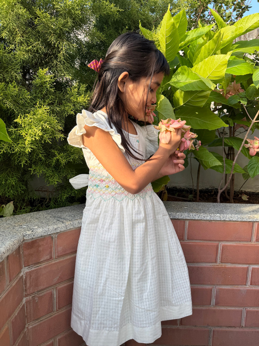 White Gingham Smocked Dress