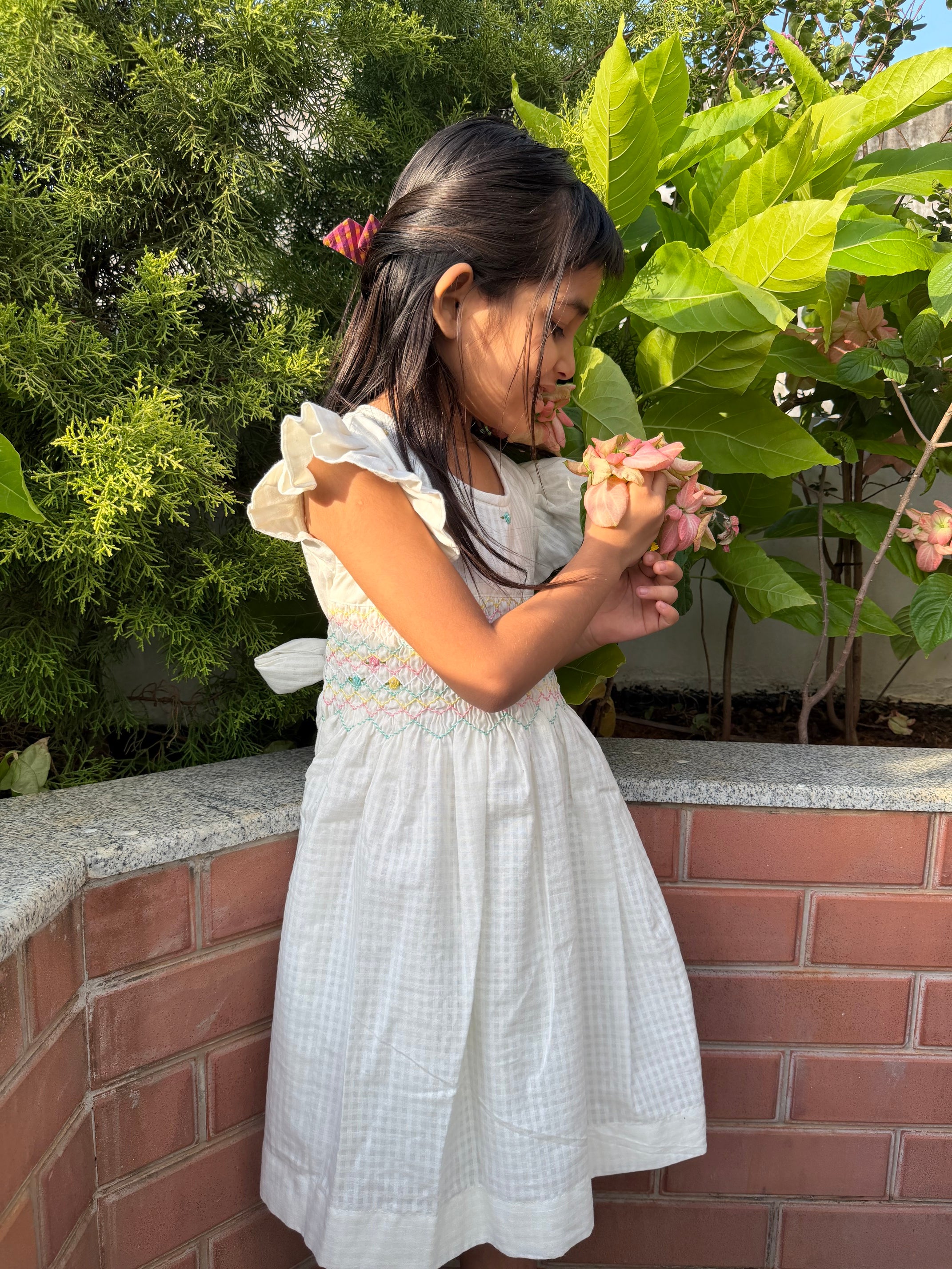 White Gingham Smocked Dress