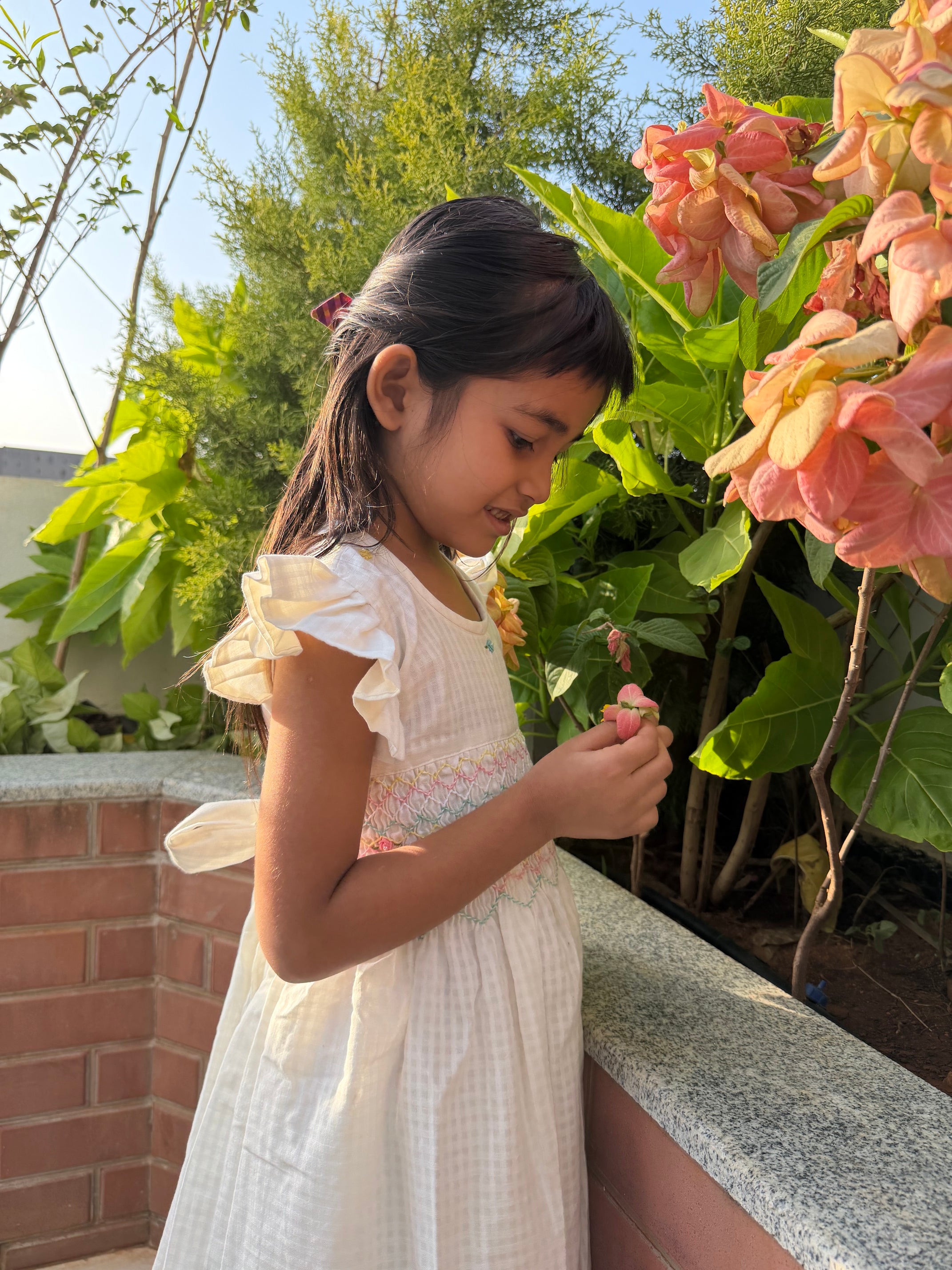 White Gingham Smocked Dress