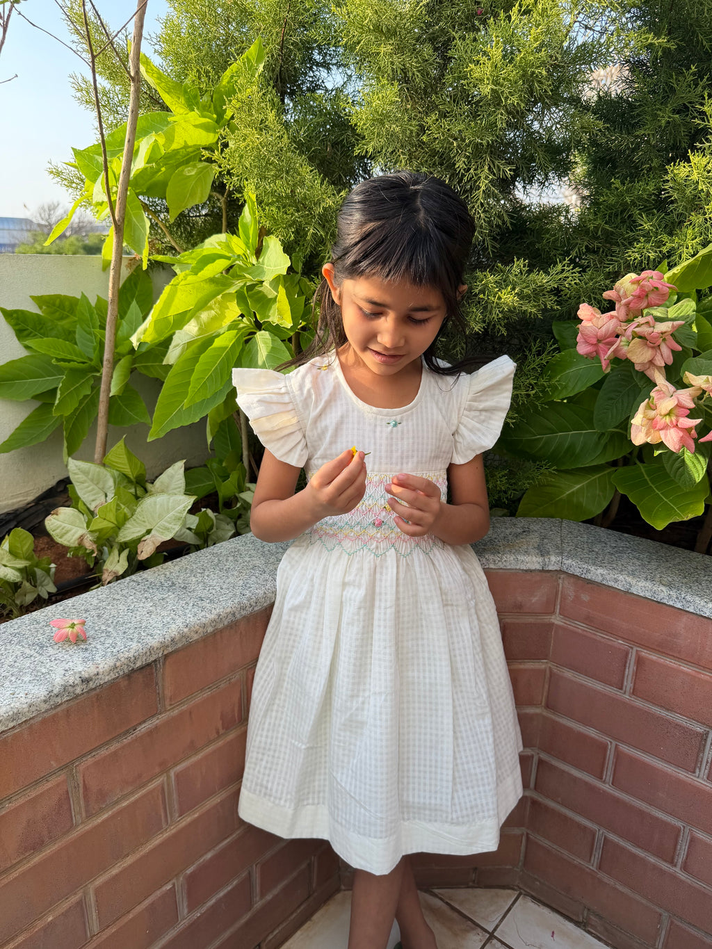 White Gingham Smocked Dress