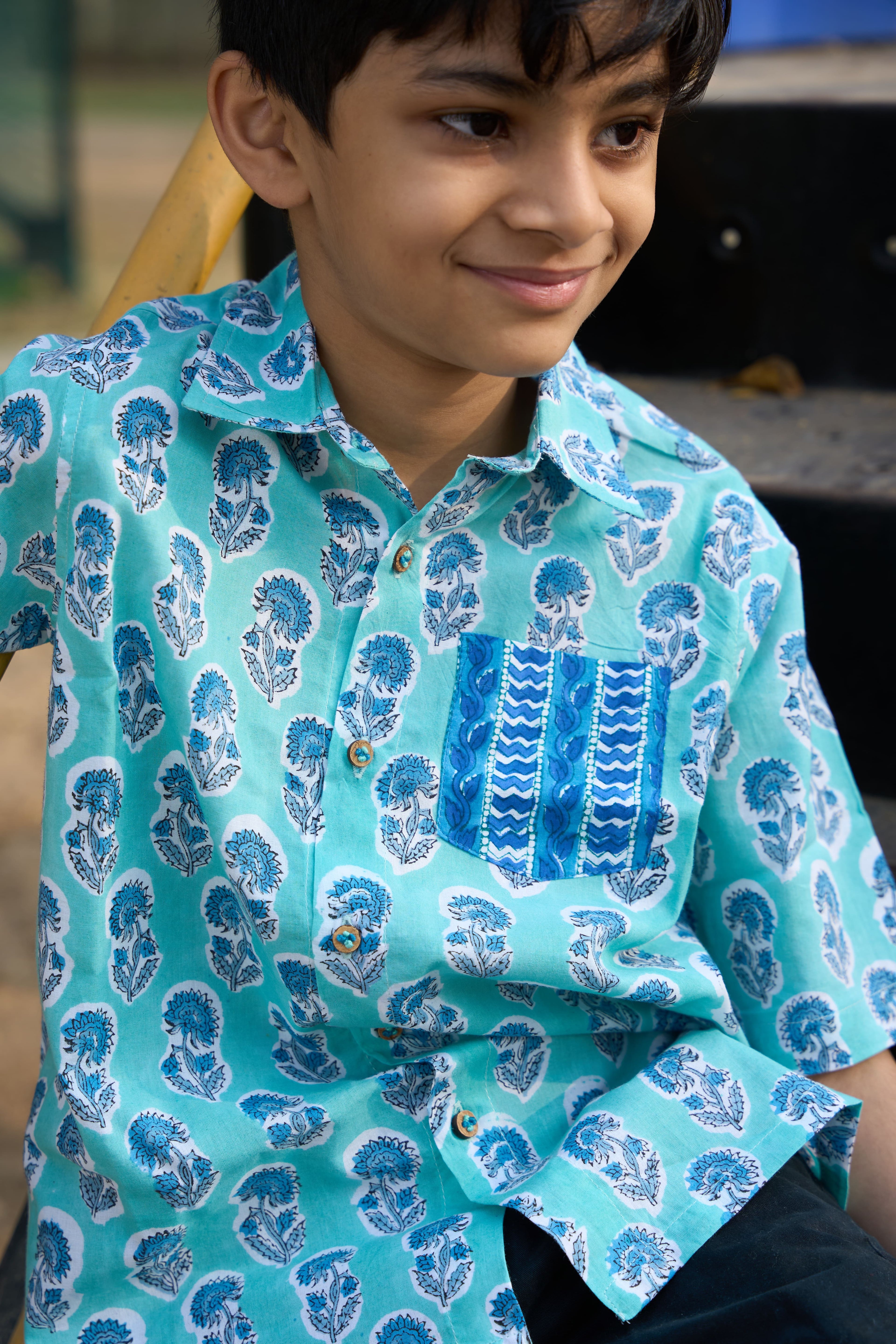 Aqua Bloom Handblock Shirt