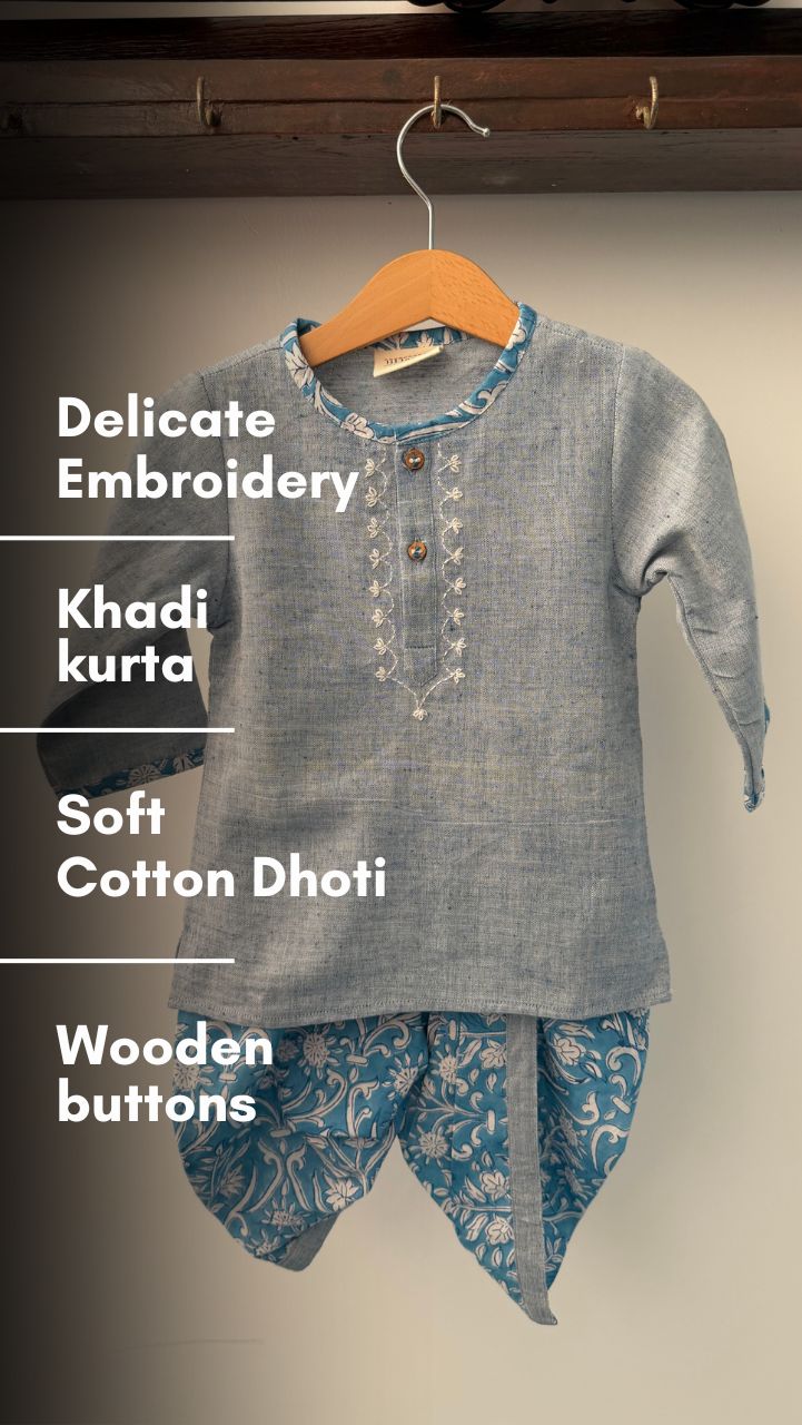 Grey Khadi Kurta & Handblock Floral Dhoti Set