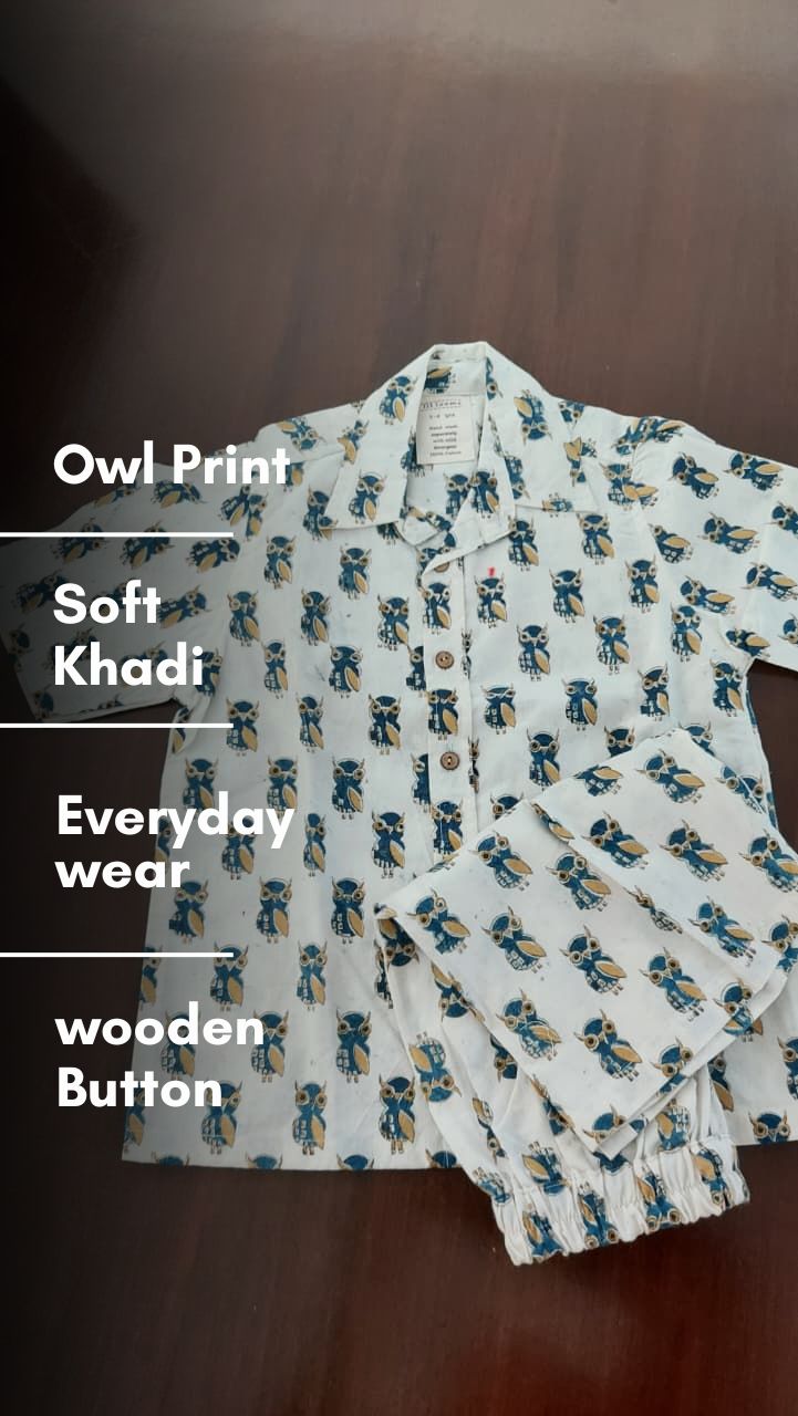 Owl Print Khadi Co-ord Set