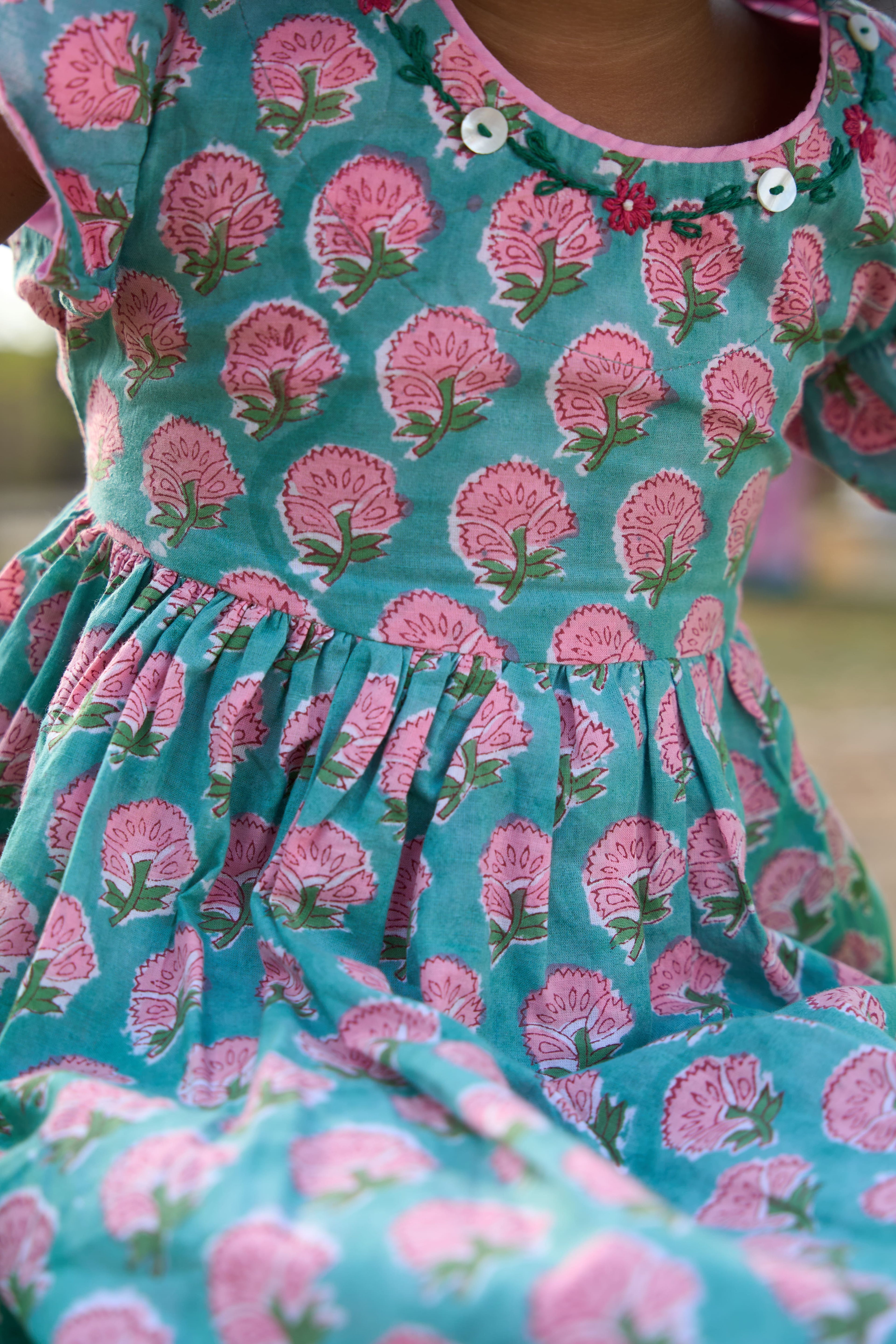 Blue Pink Floral Flutter Dress