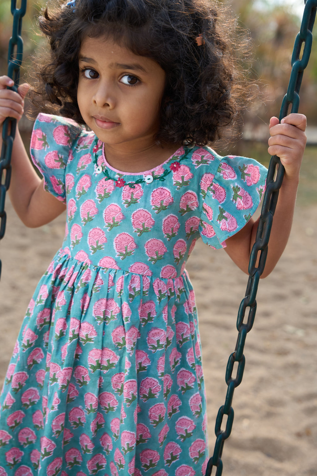 Blue Pink Floral Flutter Dress